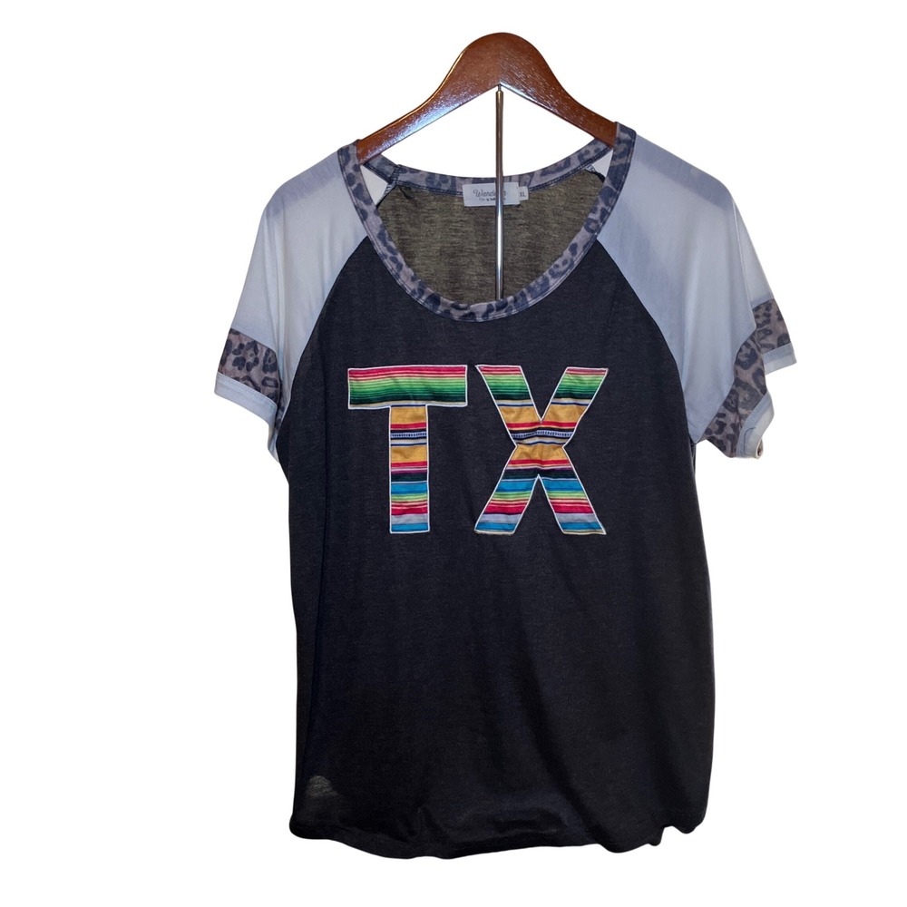 Wanderer Woman's XL Texas State Baseball/Western Tee Graphic Raglan Tee Leopard